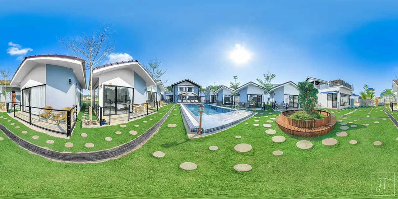 Professional 360 degree photo of the garden and swimming pool of Sandy Clay Bungalows in Sihanoukville, Otres Village (Cambodia). Photo taken for the promotion of the hotel on the Google Maps platform and to build a virtual tour. Photo by Julien Thomas.