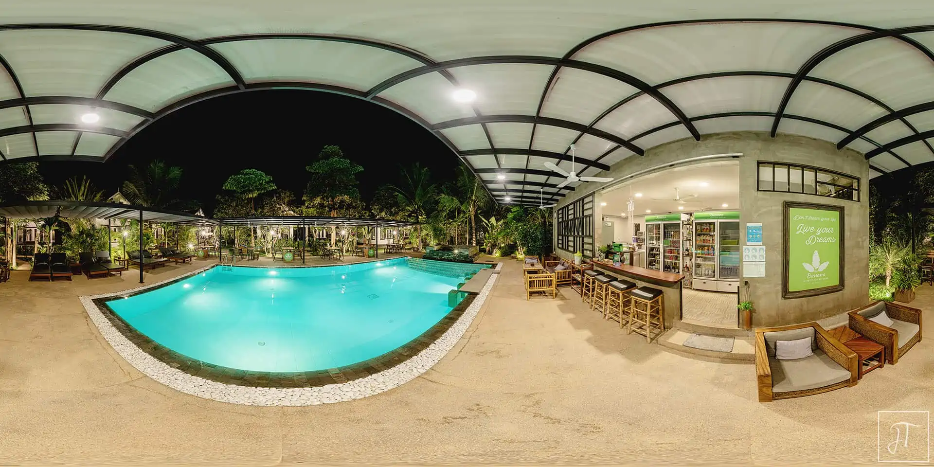 Night 360-degree photo at Banana Resort swimming pool area. Corporate photo by Julien Thomas